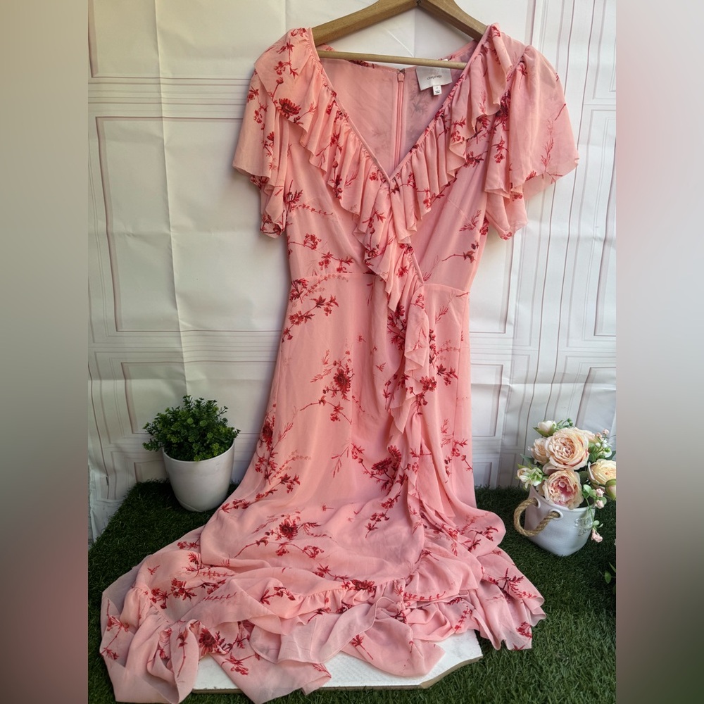 Cinq a Sept Fleur Sheila Faux Wrap dress. pale roseFloral Pink Ruffle Wrap Dress - Picture 7 of 15